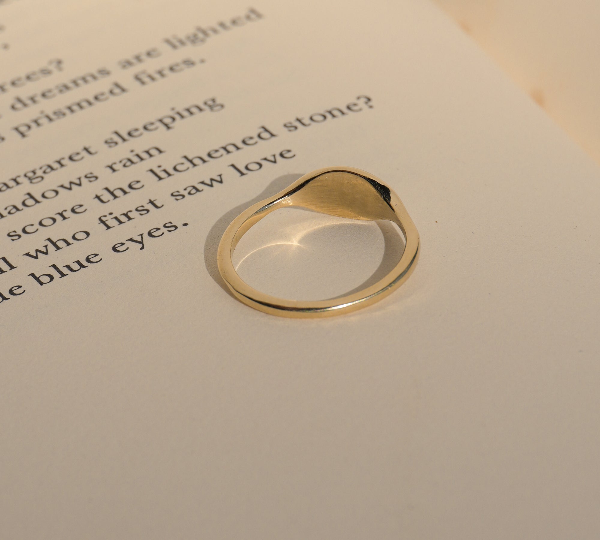 14k solid gold signet ring with personalized initial, back view with solid inner band